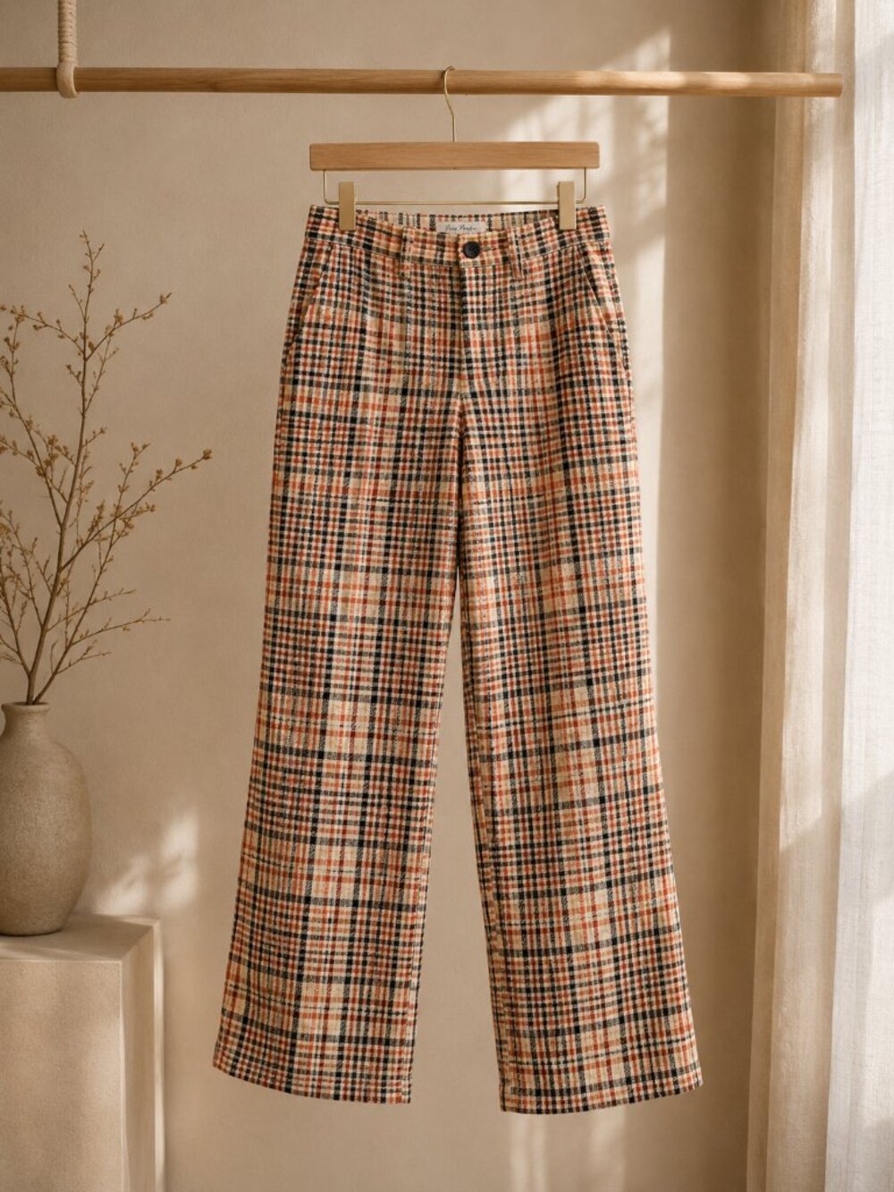 Free People Plaid Wide Leg Pants Neutral Check Cottage Chic Fall Minimalist 4